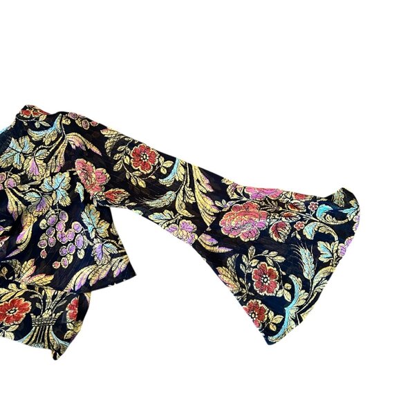 Belle + Sky Boho Semi Sheer Metallic Woven Floral Bell Sleeve Top XS - Picture 6 of 7